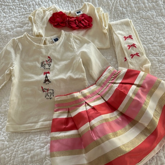 Janie and Jack Gorgeous Paris coral set shirts skirt tights 6-12 mos
